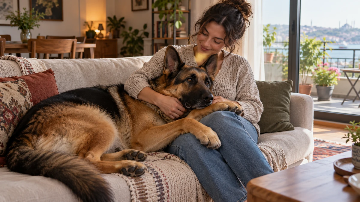 Alman Kurdu köpek — sahibinin kucağında